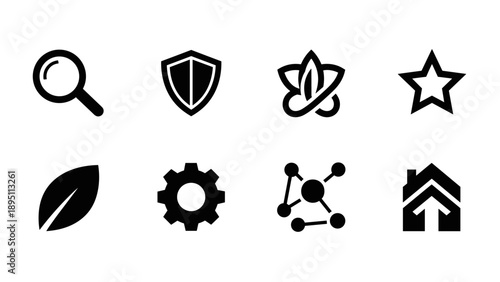 Icon set featuring search, protection, nature, and technology symbols