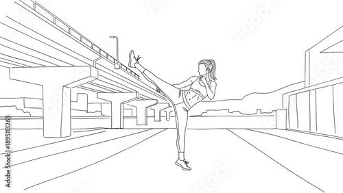 Urban fitness: woman practicing martial arts kick in cityscape linear art