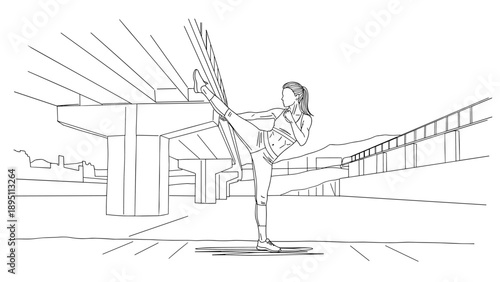 Linear outline of woman practicing high kick in urban setting