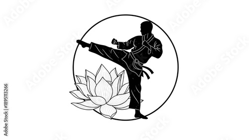 Martial artist silhouette with lotus emblem in circular design