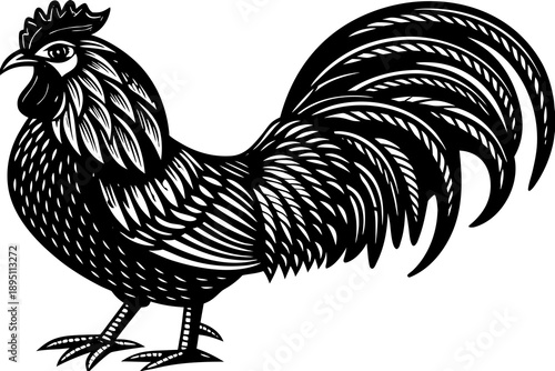 A stylized black and white illustration of a sturdy rooster, rendered with clean lines and a bold woodcut or linocut graphic art approach.