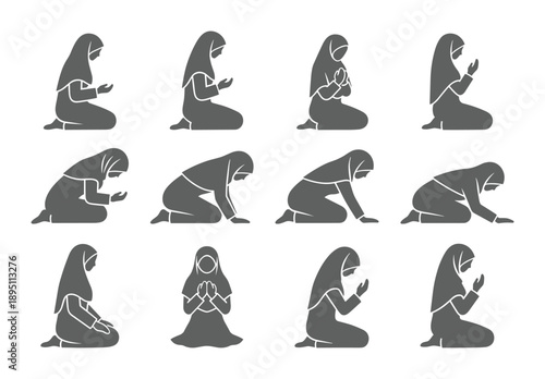 Twelve grey silhouettes depicting women in various prayer positions and gestures isolated vector