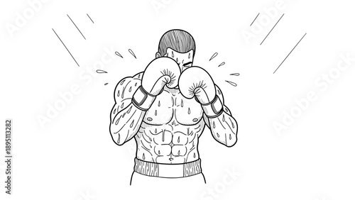 Boxer in fighting stance with gloves in line art style