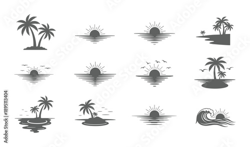Tropical island scenes featuring palm trees sun ocean waves and silhouette set isolated