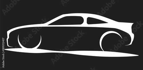 White silhouette of a sports car on a black background, isolated on transparent background