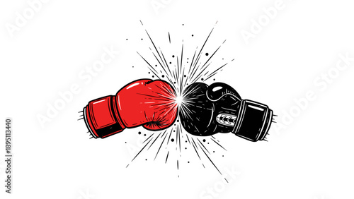 Impactful clash: red and black boxing gloves collision with burst of energy