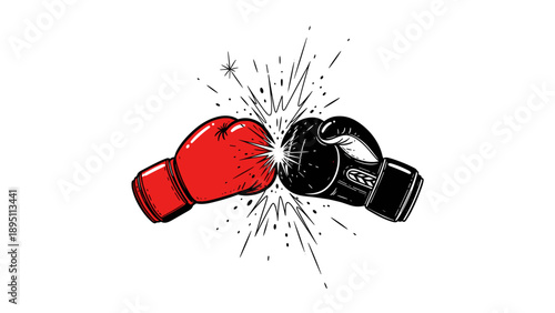 Dynamic collision of red and black boxing gloves with explosive impact