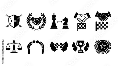 Silhouette icons of strategy, teamwork, and success in competition