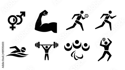 Silhouette icons of sports and activities: basketball, swimming, weightlifting