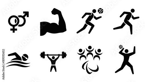 Diverse sports silhouettes: gym, running, swimming, and team icons
