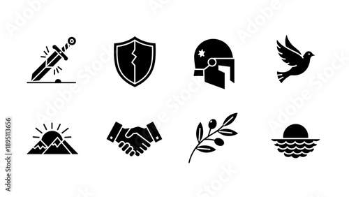 Minimalist icons set: sword, shield, helmet, dove, sunrise, handshake, olive branch, sunset