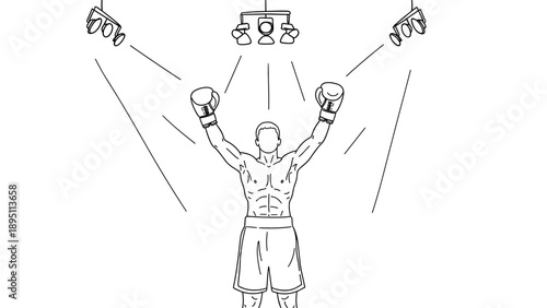 Champion boxer celebrating victory under spotlight in linear style art