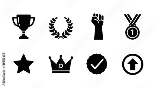 Collection of achievement symbols: trophies, medals, and more