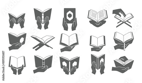 Grey icons depicting hands holding open Quran a religious theme silhouette isolated icon set