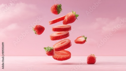 Fresh strawberries falling, creating a dynamic composition on a pink background, symbolizing healthy eating and a sweet treat