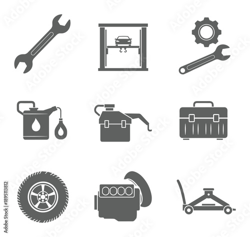 Automotive tools and equipment a stark flat grey isolated silhouette