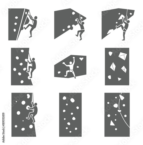 Dynamic rock climbing poses bold grey shapes silhouette action poses