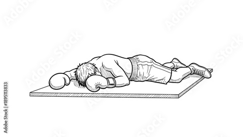 Boxer knocked out on ring canvas in detailed sketch style