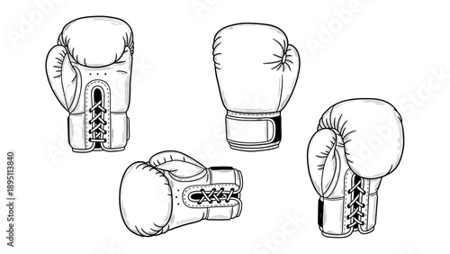 Monochrome boxing gloves collection: classic sports equipment in detailed sketch