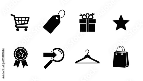 Shopping and retail icons set: cart, tags, gift, star, medal, magnifying glass, hanger, bag