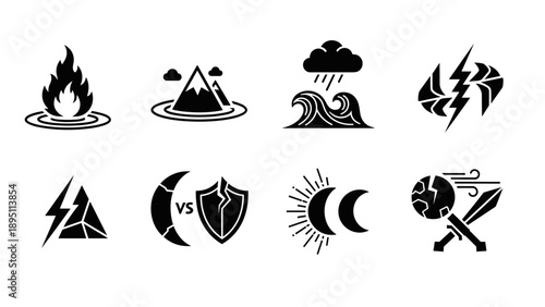 Minimalist element icons set: fire, water, earth, air, symbols in black and white