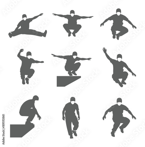 Dynamic grey silhouettes depicting individuals performing various parkour and freerunning movements isolated vector action poses
