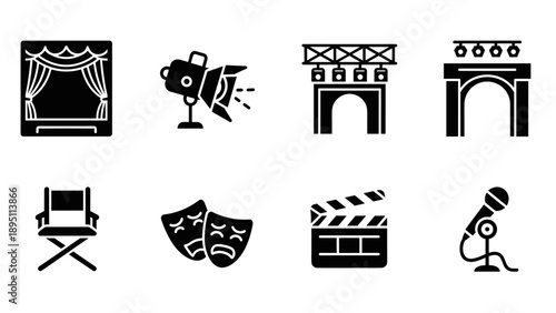 Theatre icon set: curtains, microphone, masks, spotlight, director's chair
