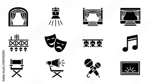 Theater and performance icons collection: stages, masks, and musical symbols