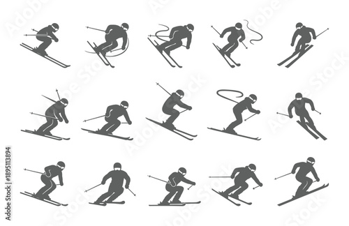 Dynamic skiing poses grey various techniques and motion silhouette action poses