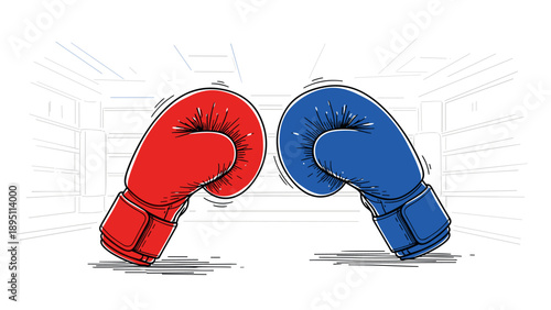 Red and blue boxing gloves in dynamic sketch style in a ring