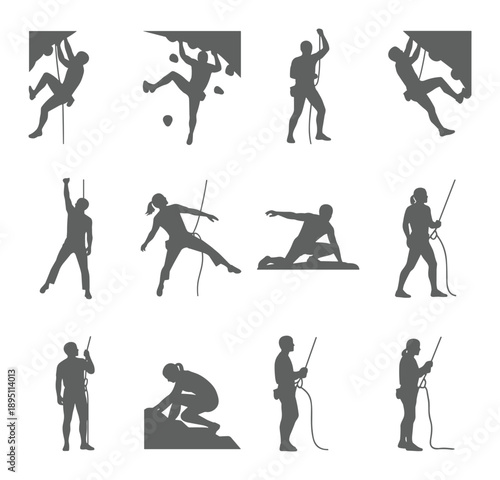 Dynamic figures engaged in rock climbing and various athletic poses silhouette action poses