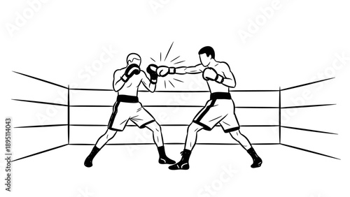 Dynamic boxing match in black and white line art style