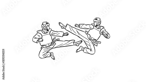 Martial arts sparring with protective gear in linear style