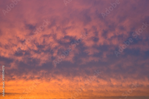 Beautiful pink and yellow clouds in the blue sunset sky (background)	
