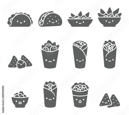 Collection of grey taco and burrito icons with cute faces a isolated vector silhouette icon set