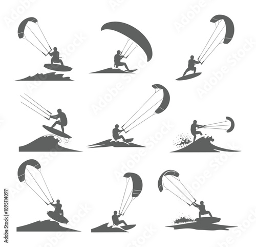 Dynamic kitesurfing action illustrated with multiple grey silhouettes of riders on waves and in the air silhouette action poses
