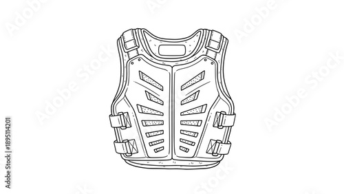 Detailed line art of tactical protective gear vest on white background