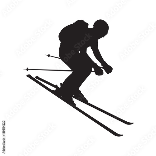 Silhouette of a freestyle skier performing an aerial jump vector, skier jumping on a ski slope vector silhouette illustration 