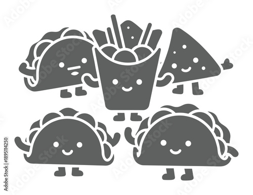 Cute and cheerful fast food characters including tacos fries and nachos in a dark silhouette isolated
