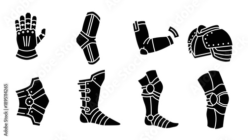 Medieval armor silhouettes set: gauntlet, greave, spaulder, and sabaton designs