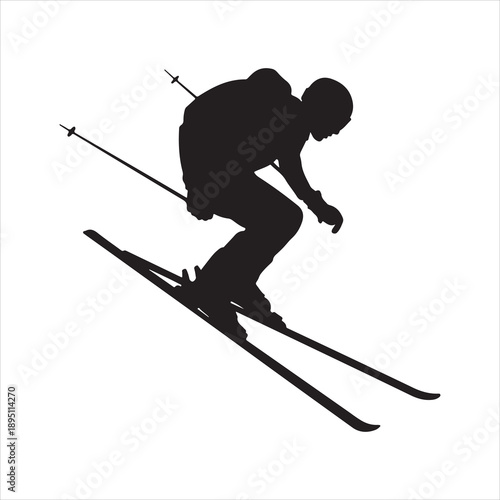 Silhouette of a freestyle skier performing an aerial jump vector, skier jumping on a ski slope vector silhouette illustration 