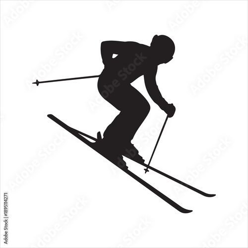 Silhouette of a freestyle skier performing an aerial jump vector, skier jumping on a ski slope vector silhouette illustration 