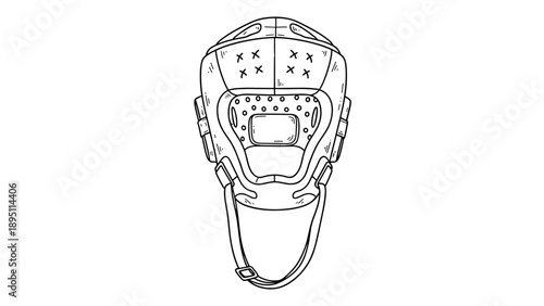 Hand drawn outline of a baseball catcher's helmet with strap