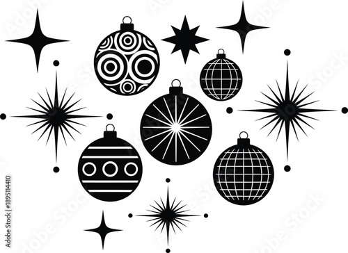 Retro Christmas ornaments and mid-century stars, black silhouette holiday baubles, vintage winter celebration icons in EPS format