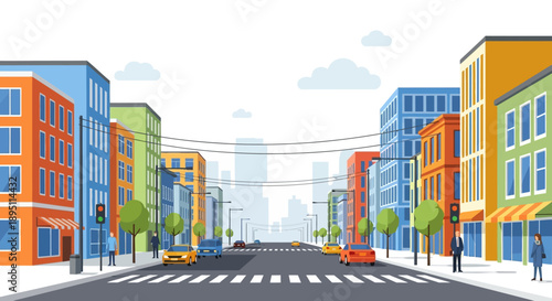 Colorful city street with buildings, cars, and pedestrian crossing in daylight.