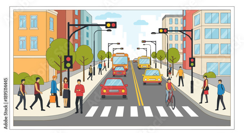 City Street Scene with Traffic, Pedestrians, and Buildings