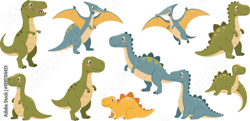 Cute Cartoon Dinosaur Characters Set with Flying and Ground Prehistoric Animals Flat Vector Illustration