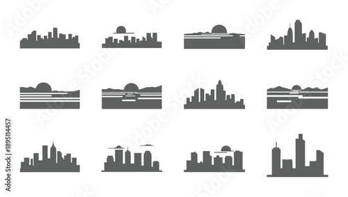 Diverse city skylines stark grey shapes a bold silhouette