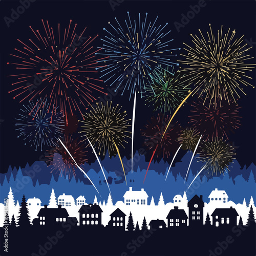 Colorful Fireworks Explosion Over City Skyline.