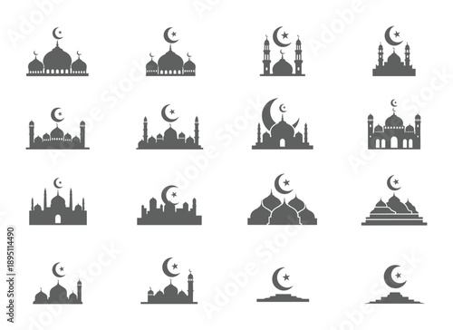 Islamic mosque and crescent moon icons in grey isolated silhouette icon set